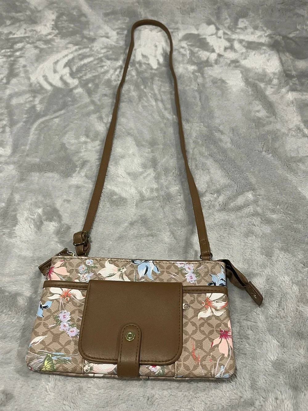 Floral Tan Crossbody Bag with Front Pocket